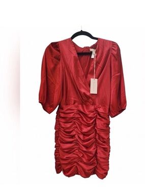 Hutch Red Ruched V-Neck Mini Dress with Puff Sleeves